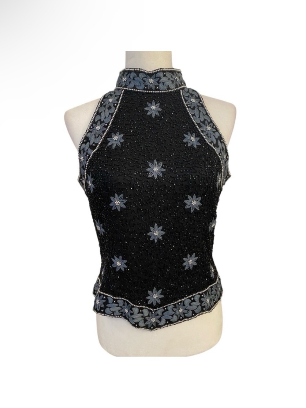 Papell Womens Vintage Beaded Flower Pattern Evening Top High Neck